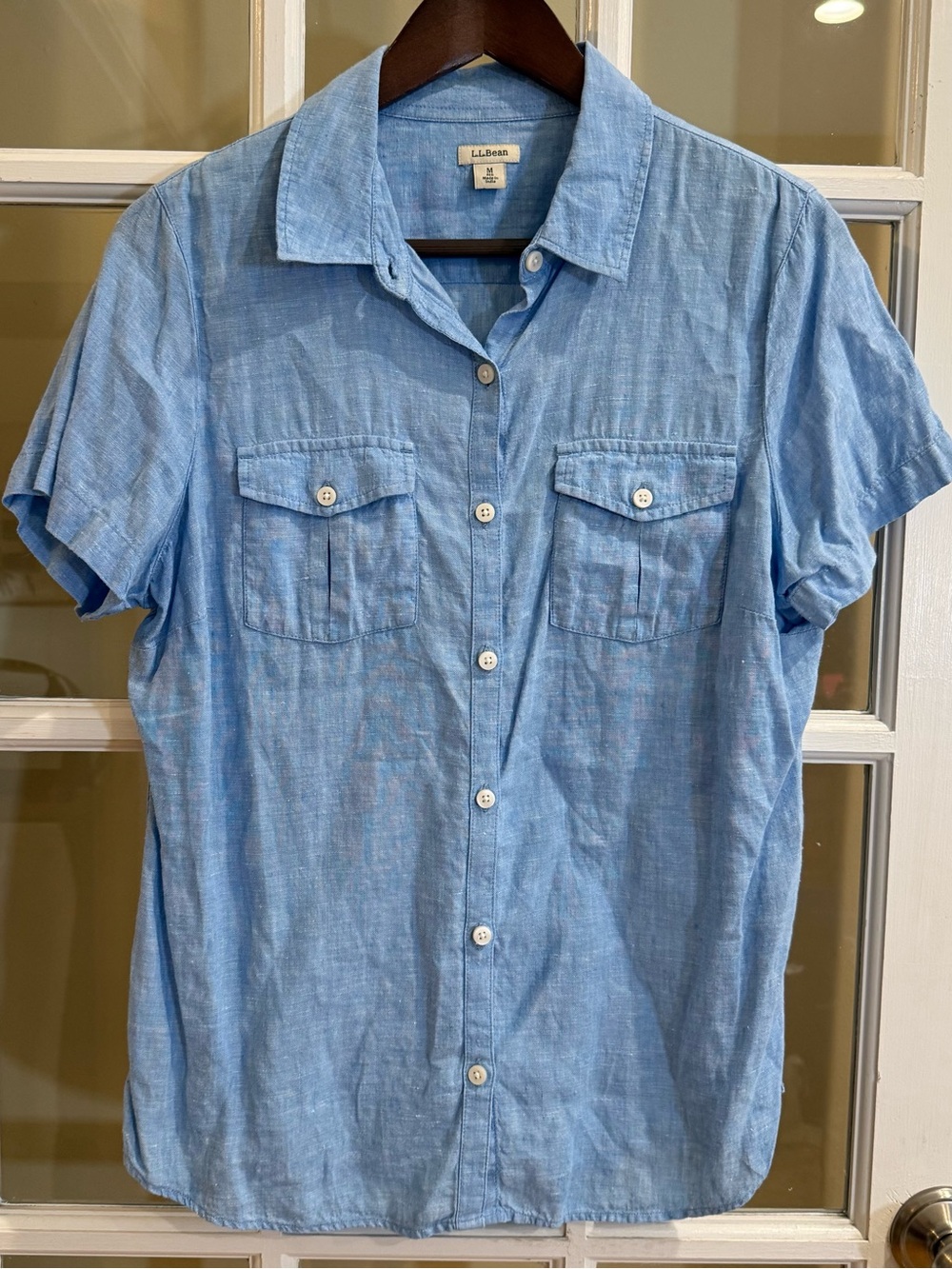 L.L. Bean 100% Linen Blue Short-Sleeve Button-Up Shirt Dual Button Flap Pockets